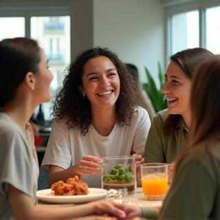 Équipe de Livraison Gourmande riant lors d’un déjeuner dans leurs bureaux parisiens.