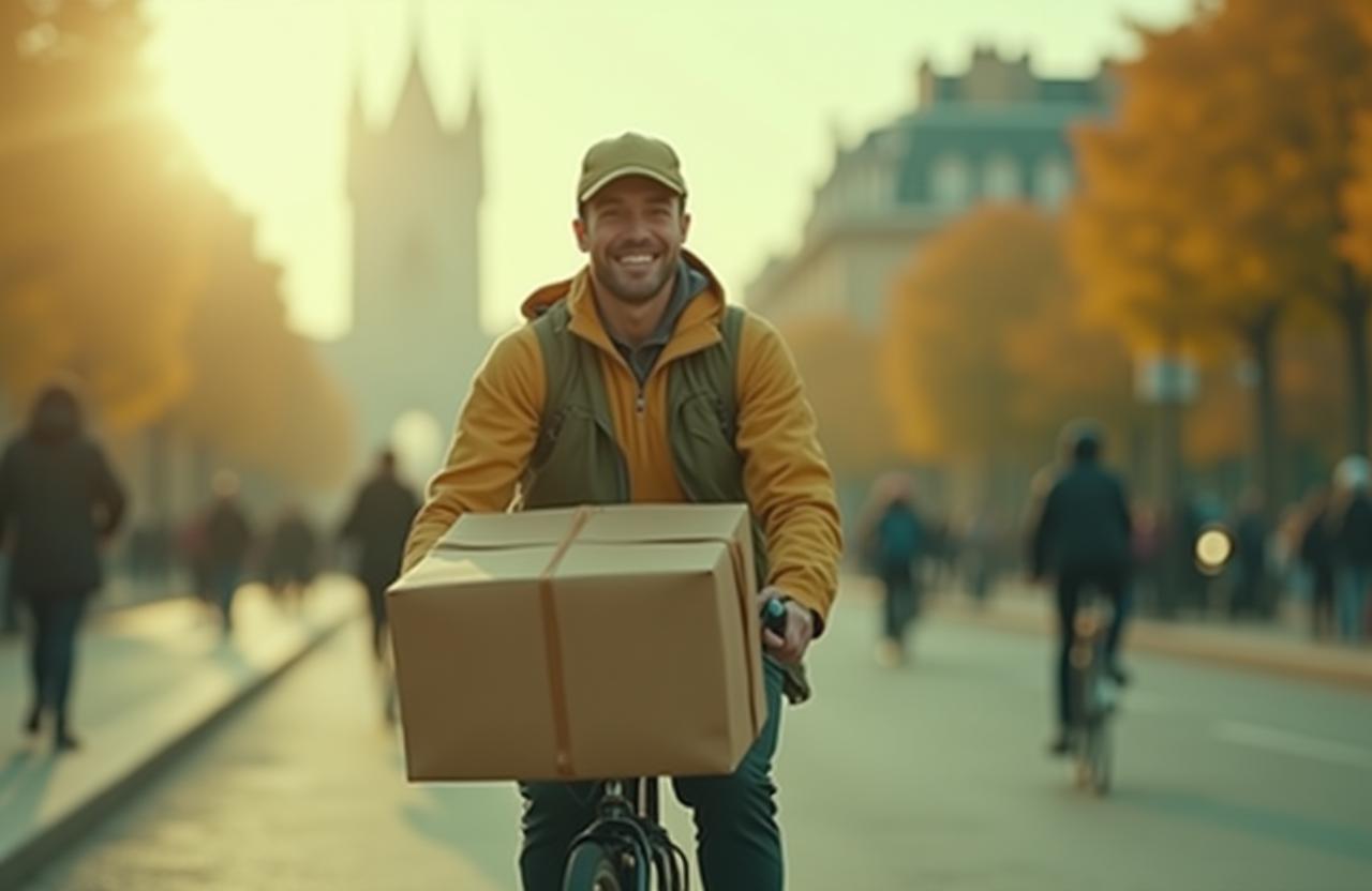 Livreur souriant à vélo traversant Paris avec un sac de livraison, au soleil couchant.